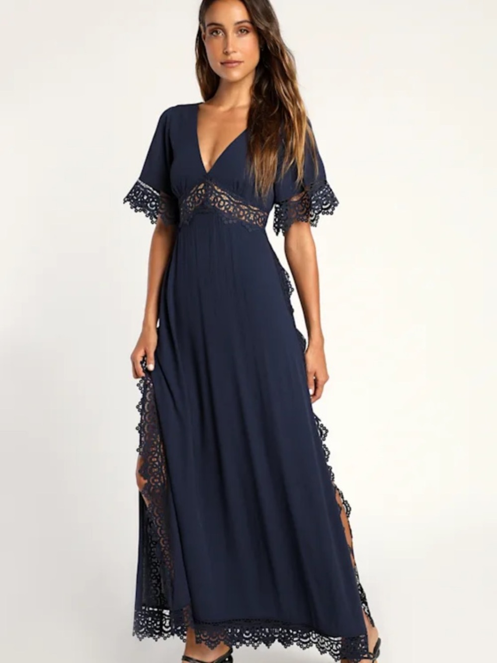 Lulu's Sweeten the Occasion Navy Blue Lace Short Sleeve Maxi Dress, NWT, size M